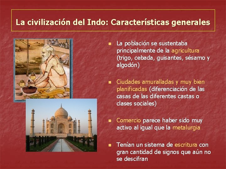 La civilización del Indo: Características generales n n La población se sustentaba principalmente de