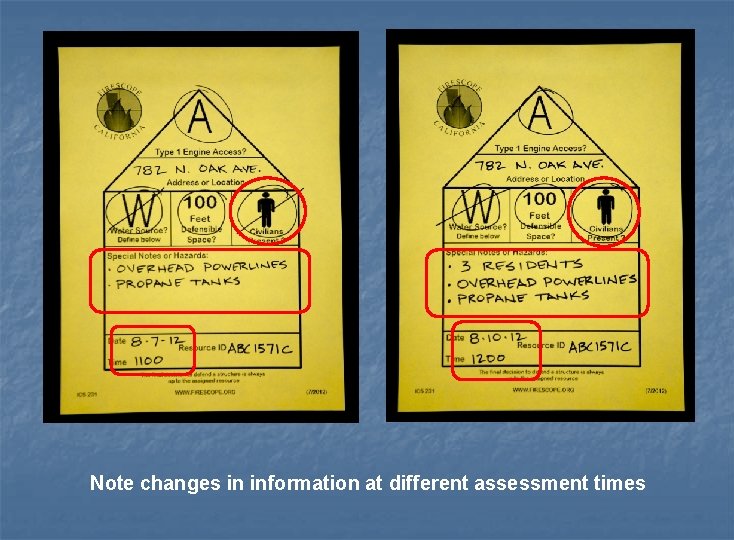 Note changes in information at different assessment times 