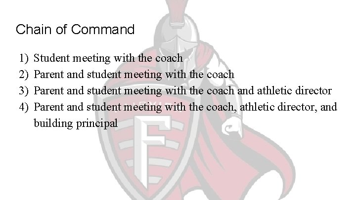 Chain of Command 1) 2) 3) 4) Student meeting with the coach Parent and