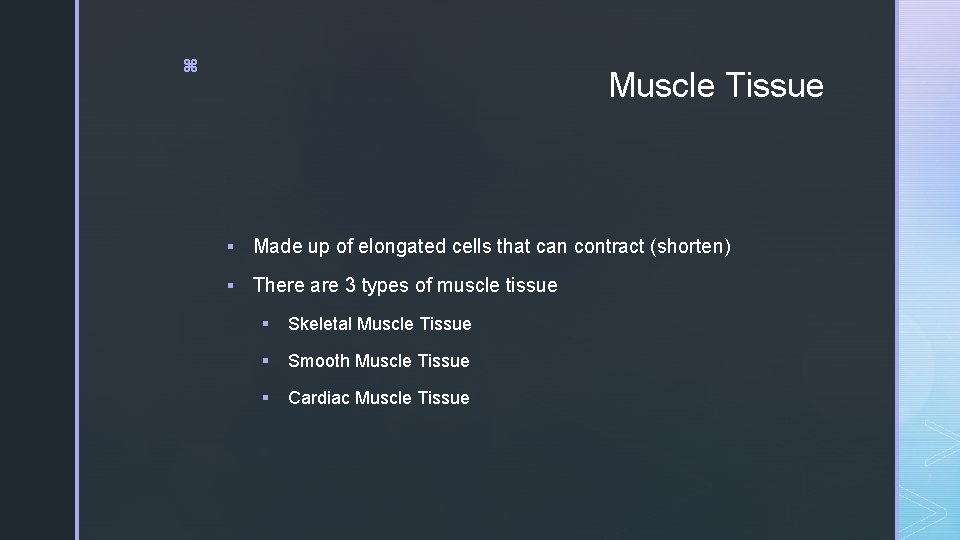 z Muscle Tissue § Made up of elongated cells that can contract (shorten) §