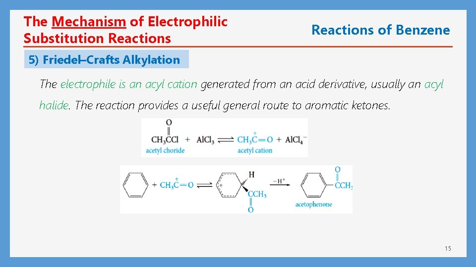 The Mechanism of Electrophilic Substitution Reactions of Benzene 5) Friedel–Crafts Alkylation The electrophile is