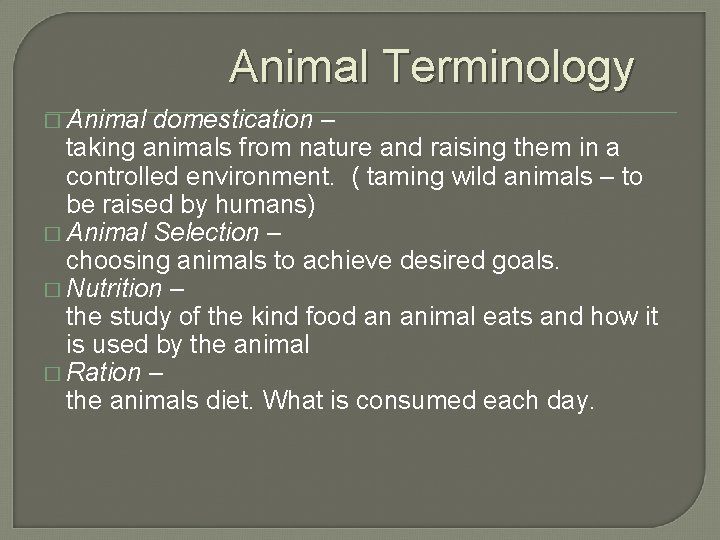 Animal Terminology � Animal domestication – taking animals from nature and raising them in