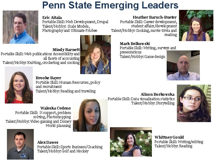 Penn State Emerging Leaders Heather Baruch-Bueter Eric Aitala Portable Skill: Career development, Portable Skill: