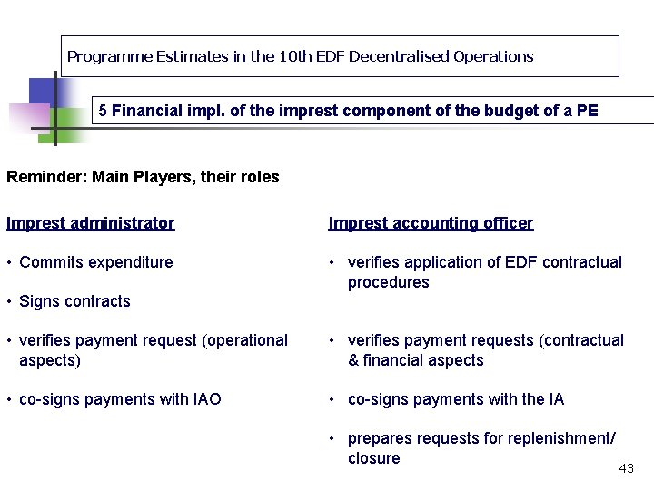 Programme Estimates in the 10 th EDF Decentralised Operations 5 Financial impl. of the