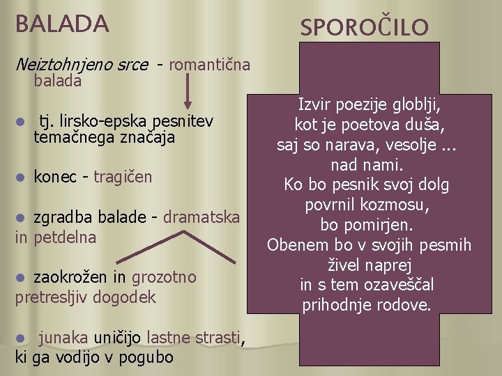 BALADA SPOROČILO Neiztohnjeno srce - romantična balada l tj. lirsko-epska pesnitev temačnega značaja l