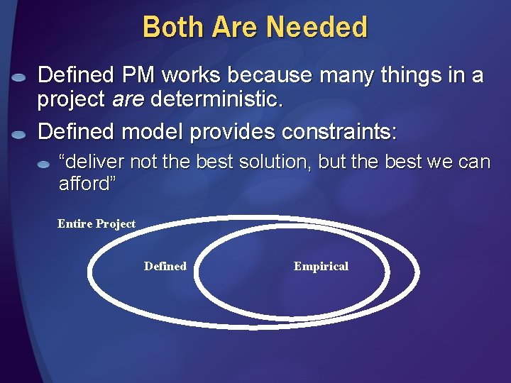 Both Are Needed Defined PM works because many things in a project are deterministic.