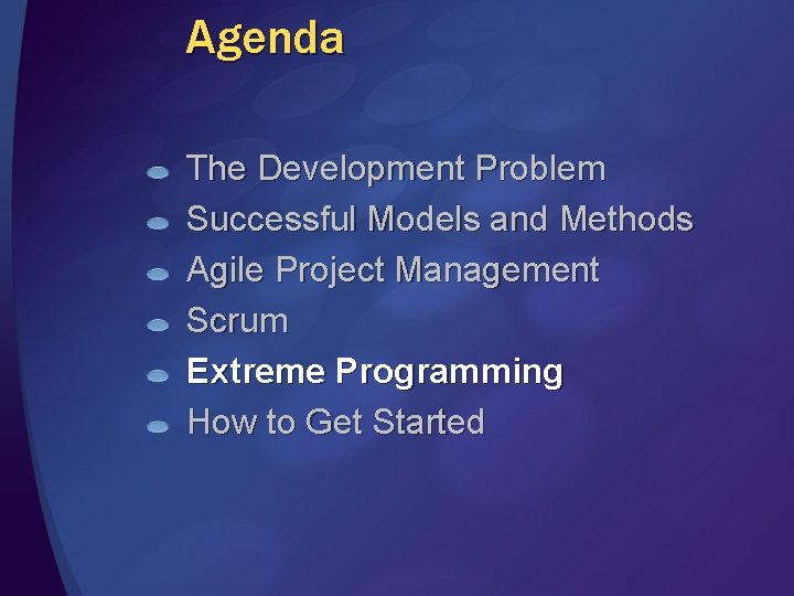 Agenda The Development Problem Successful Models and Methods Agile Project Management Scrum Extreme Programming