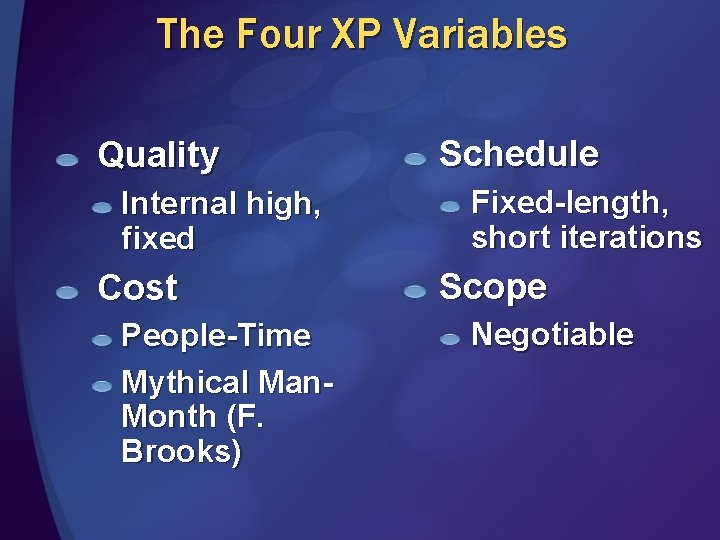 The Four XP Variables Quality Internal high, fixed Cost People-Time Mythical Man. Month (F.