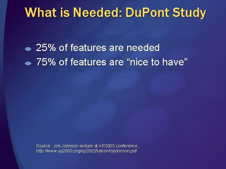 What is Needed: Du. Pont Study 25% of features are needed 75% of features