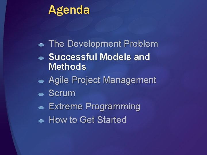 Agenda The Development Problem Successful Models and Methods Agile Project Management Scrum Extreme Programming