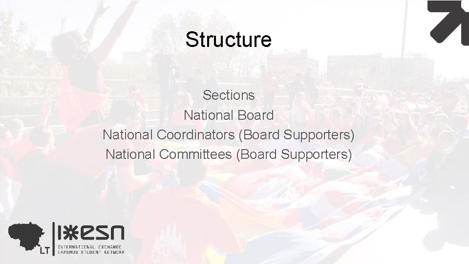 Structure Sections National Board National Coordinators (Board Supporters) National Committees (Board Supporters) 