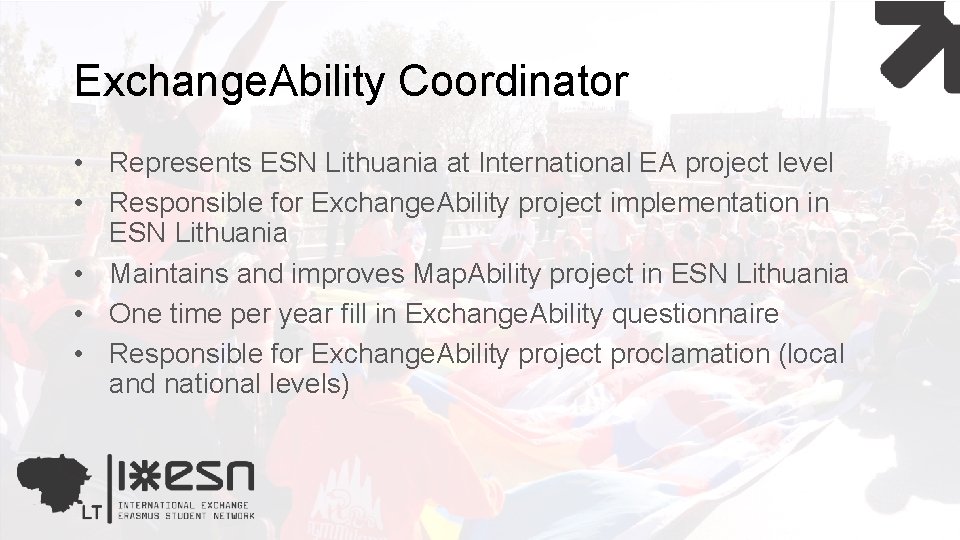 Exchange. Ability Coordinator • Represents ESN Lithuania at International EA project level • Responsible