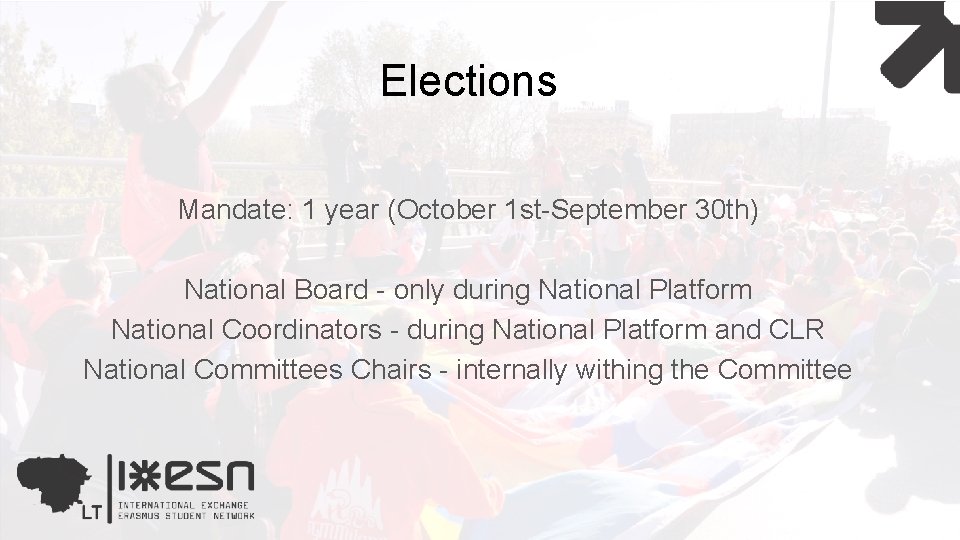 Elections Mandate: 1 year (October 1 st-September 30 th) National Board - only during