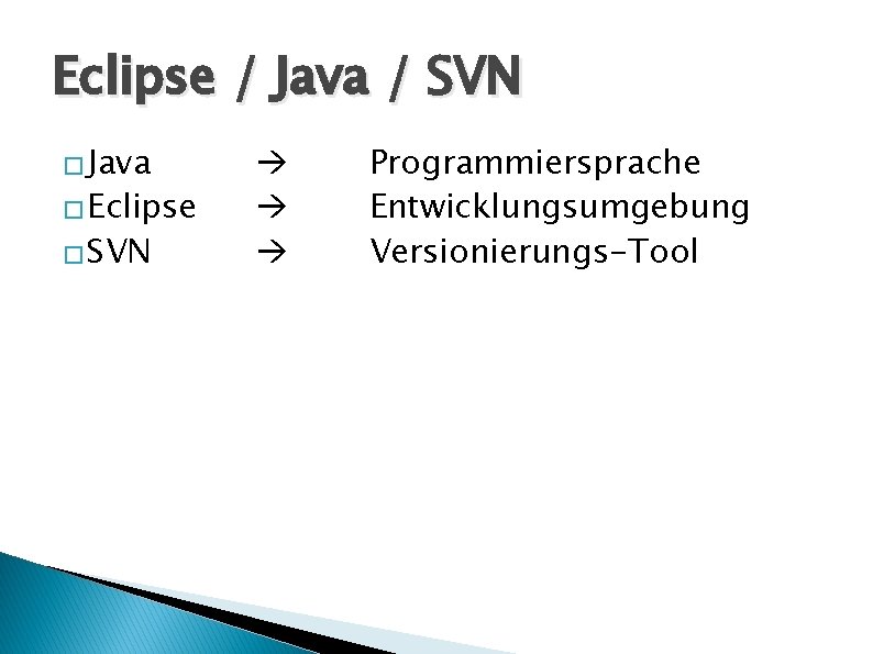 Eclipse / Java / SVN � Java � Eclipse � SVN Programmiersprache Entwicklungsumgebung Versionierungs-Tool
