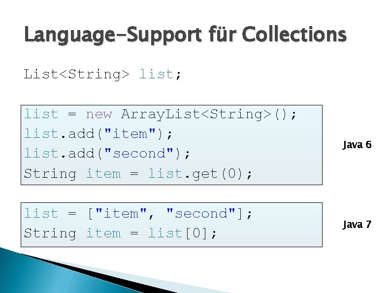 Language-Support für Collections List<String> list; list = new Array. List<String>(); list. add("item"); list. add("second");