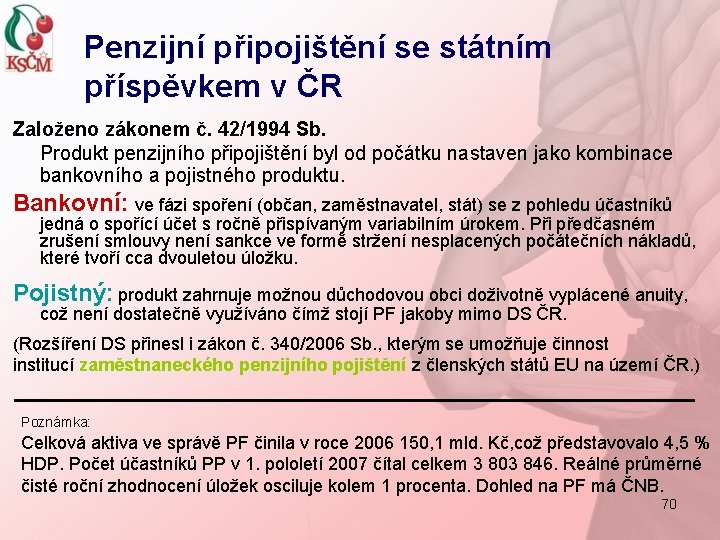 Penzijní připojištění se státním příspěvkem v ČR Založeno zákonem č. 42/1994 Sb. Produkt penzijního