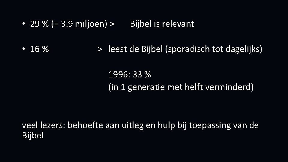  • 29 % (= 3. 9 miljoen) > • 16 % Bijbel is