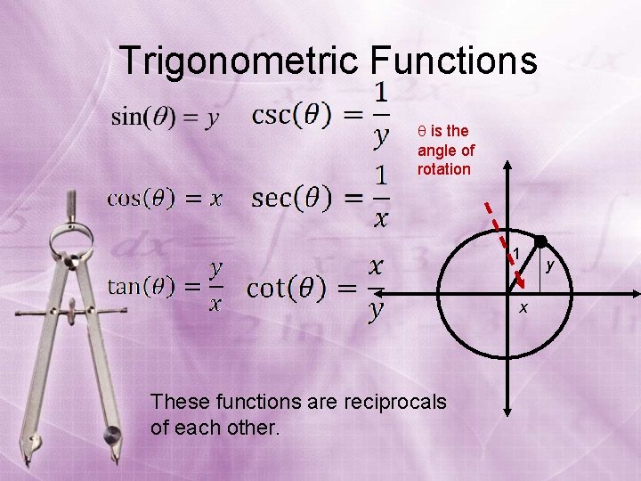 Trigonometric Functions is the angle of rotation 1 x These functions are reciprocals of