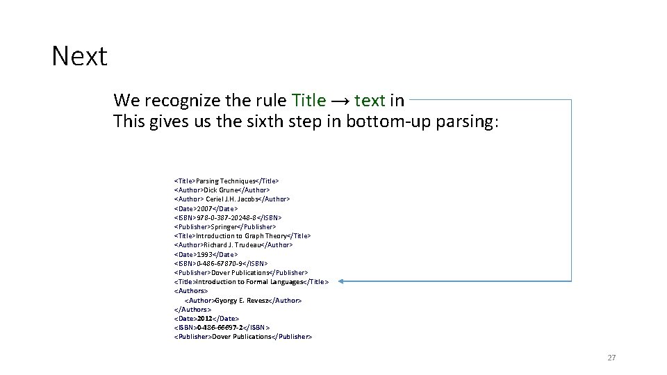 Next We recognize the rule Title → text in This gives us the sixth Next We recognize the rule Title → text in This gives us the sixth