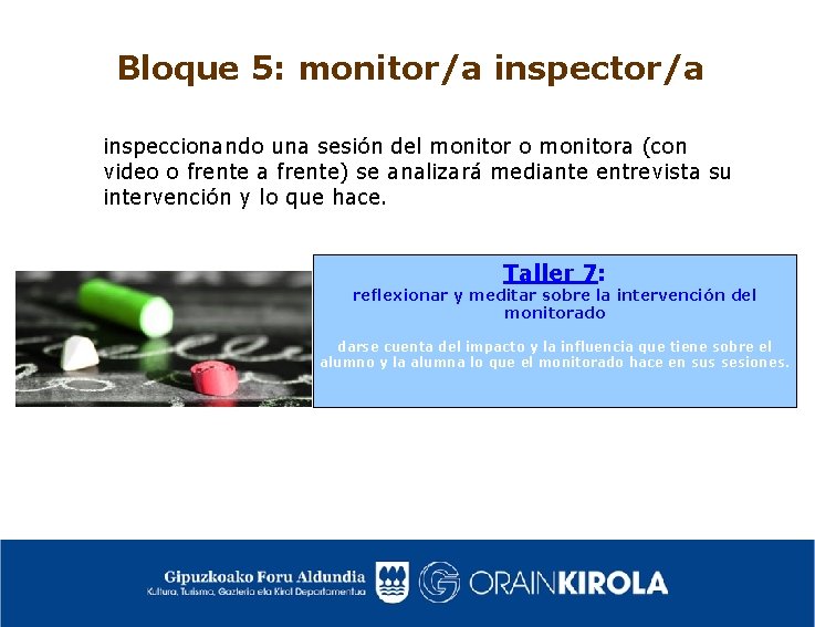 Bloque 5: monitor/a inspeccionando una sesión del monitor o monitora (con video o frente