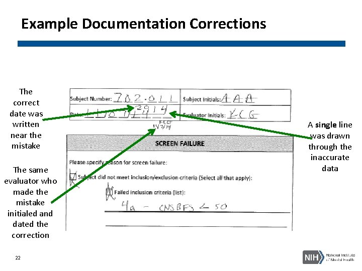 Example Documentation Corrections The correct date was written near the mistake The same evaluator