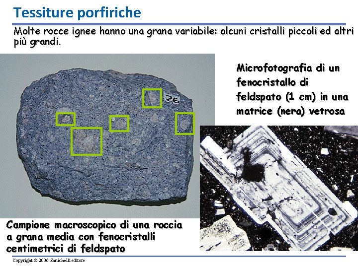 Tessiture porfiriche Molte rocce ignee hanno una grana variabile: alcuni cristalli piccoli ed altri