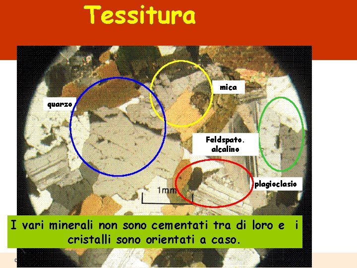 Tessitura mica quarzo Feldspato. alcalino plagioclasio I vari minerali non sono cementati tra di