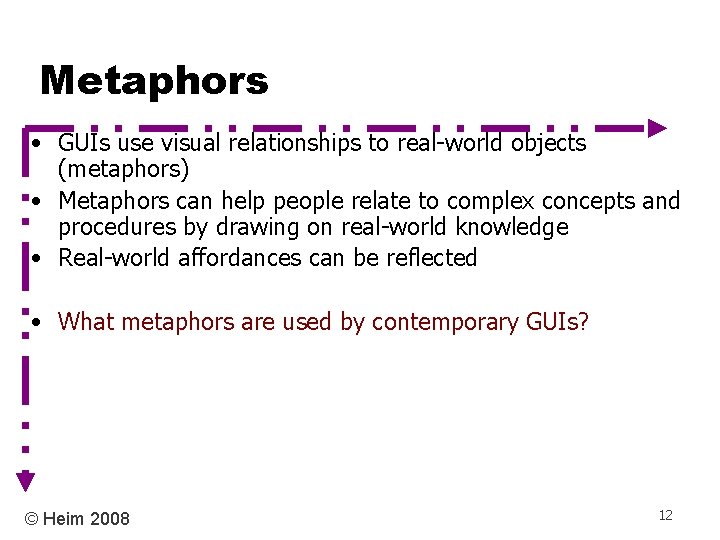 Metaphors • GUIs use visual relationships to real-world objects (metaphors) • Metaphors can help