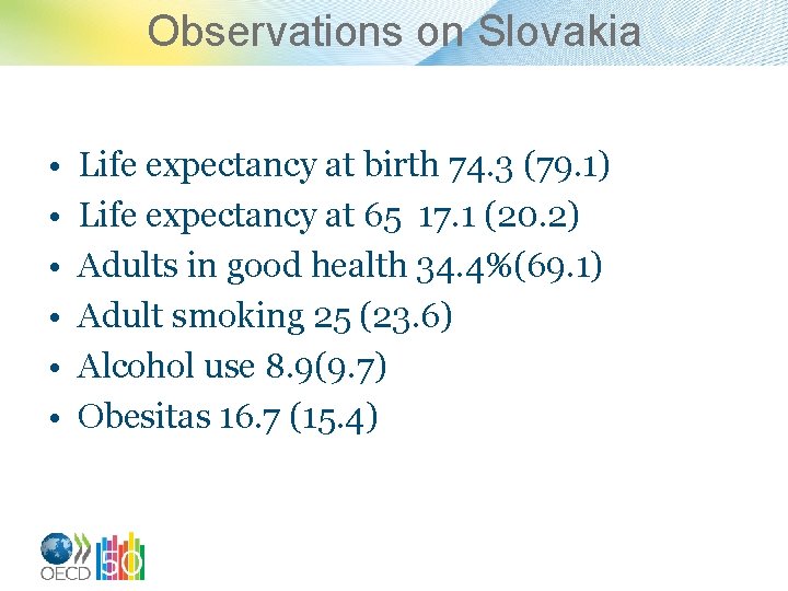Observations on Slovakia • • • Life expectancy at birth 74. 3 (79. 1)