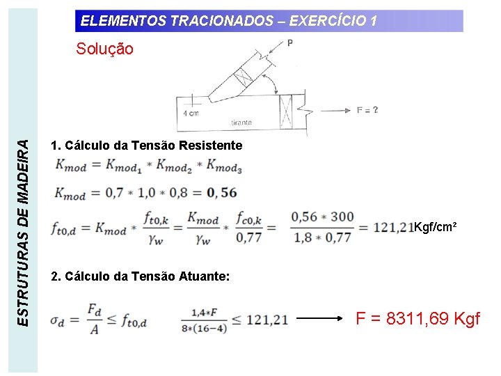 ELEMENTOS TRACIONADOS – EXERCÍCIO 1 ESTRUTURAS DE MADEIRA Solução 1. Cálculo da Tensão Resistente