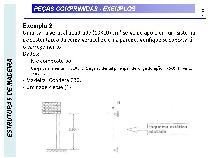 ESTRUTURAS DE MADEIRA PEÇAS COMPRIMIDAS - EXEMPLOS Exemplo 2 Uma barra vertical quadrada (10