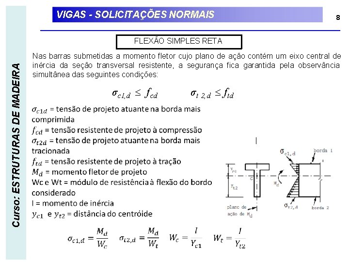 VIGAS - SOLICITAÇÕES NORMAIS 8 Curso: ESTRUTURAS DE MADEIRA FLEXÃO SIMPLES RETA Nas barras