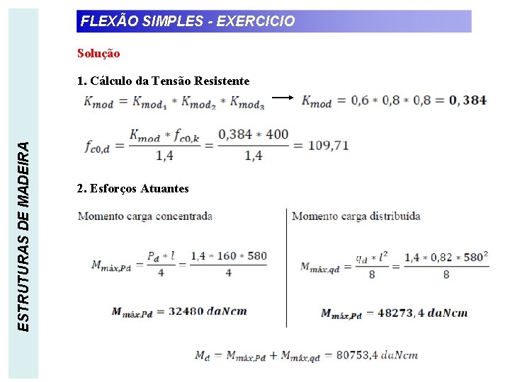 FLEXÃO SIMPLES - EXERCICIO Solução ESTRUTURAS DE MADEIRA 1. Cálculo da Tensão Resistente 2.