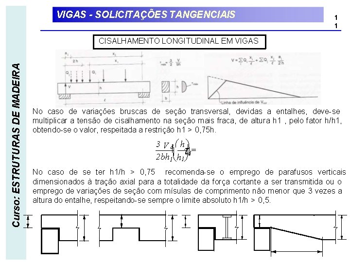 VIGAS - SOLICITAÇÕES TANGENCIAIS 1 1 Curso: ESTRUTURAS DE MADEIRA CISALHAMENTO LONGITUDINAL EM VIGAS