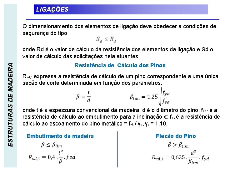 LIGAÇÕES O dimensionamento dos elementos de ligação deve obedecer a condições de segurança do