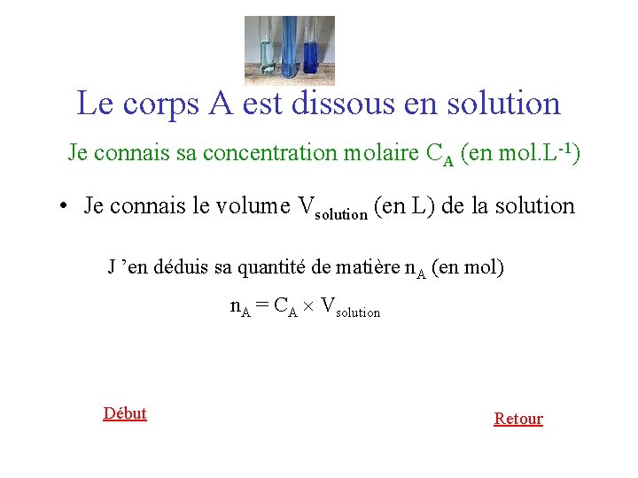 Le corps A est dissous en solution Je connais sa concentration molaire CA (en