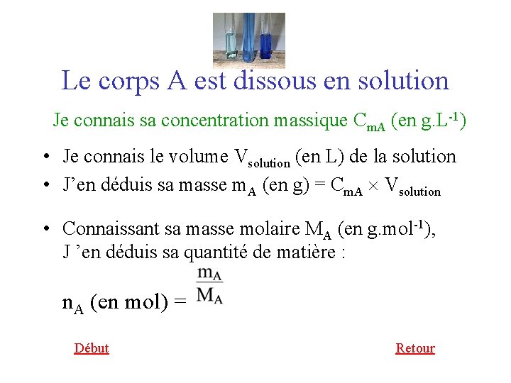 Le corps A est dissous en solution Je connais sa concentration massique Cm. A