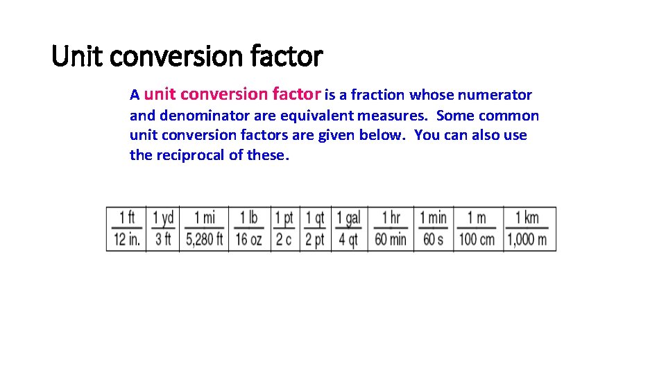 Unit conversion factor A unit conversion factor is a fraction whose numerator and denominator