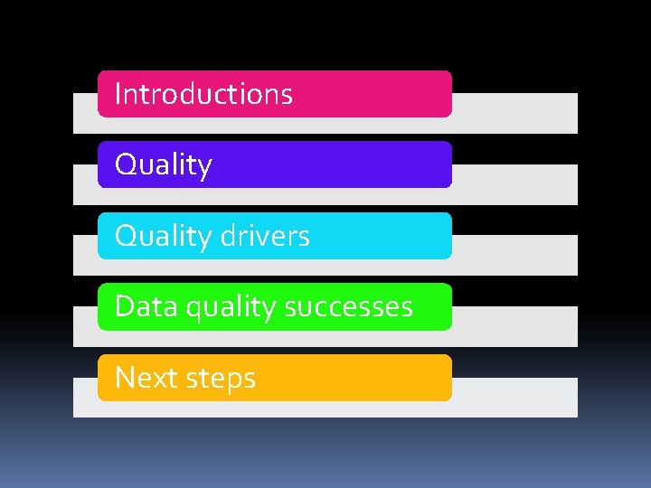 Introductions Quality drivers Data quality successes Next steps 