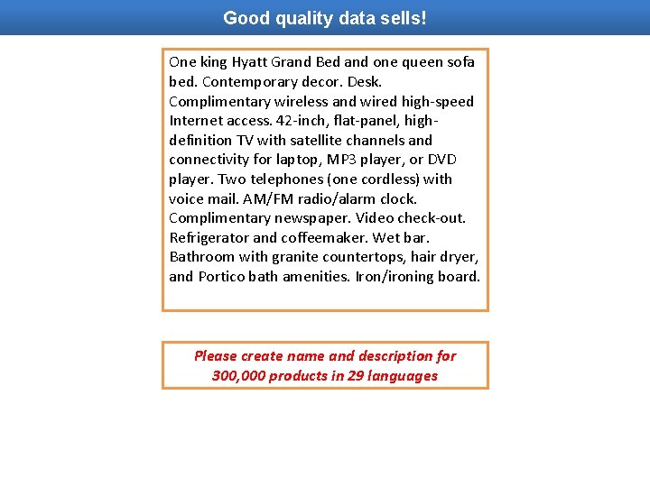 Good quality data sells! One king Hyatt Grand Bed and one queen sofa bed.