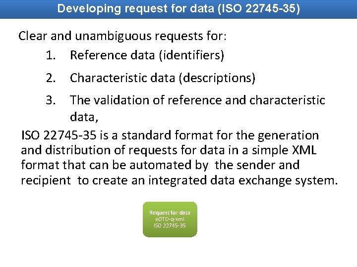 Developing request for data (ISO 22745 -35) Clear and unambiguous requests for: 1. Reference