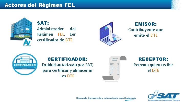 Actores del Régimen FEL SAT: Administrador del Régimen FEL. 1 er certificador de DTE