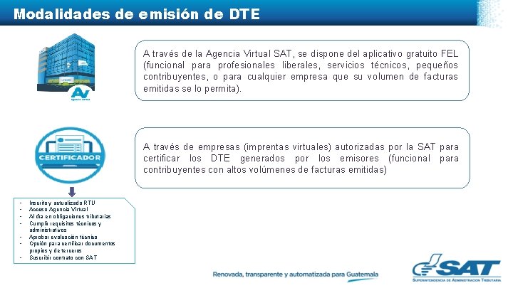 Modalidades de emisión de DTE A través de la Agencia Virtual SAT, se dispone