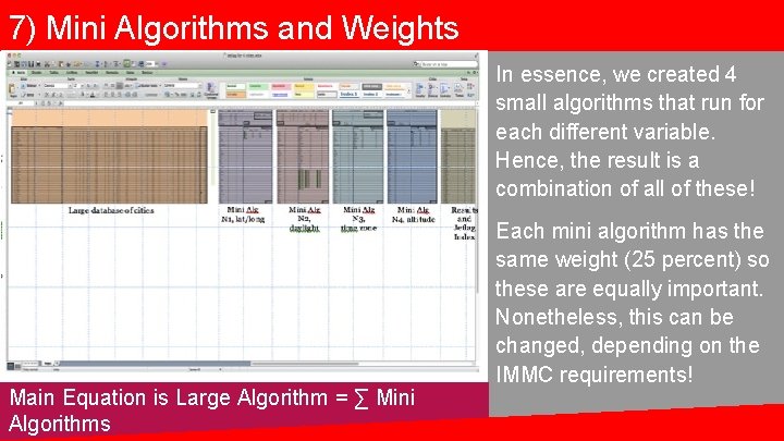 7) Mini Algorithms and Weights In essence, we created 4 small algorithms that run