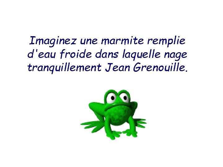 Imaginez une marmite remplie d'eau froide dans laquelle nage tranquillement Jean Grenouille. 