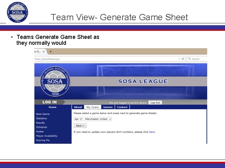 Team View- Generate Game Sheet • Teams Generate Game Sheet as they normally would