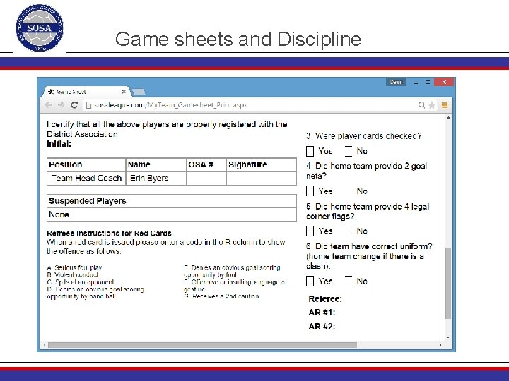 Game sheets and Discipline 