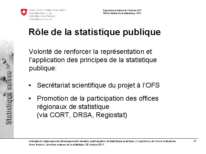 Département fédéral de l’intérieur DFI Office fédéral de la statistique OFS Rôle de la