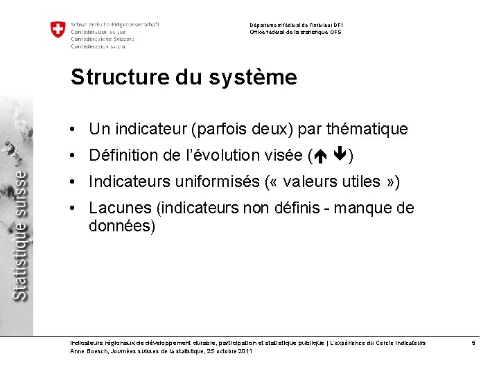 Département fédéral de l’intérieur DFI Office fédéral de la statistique OFS Structure du système