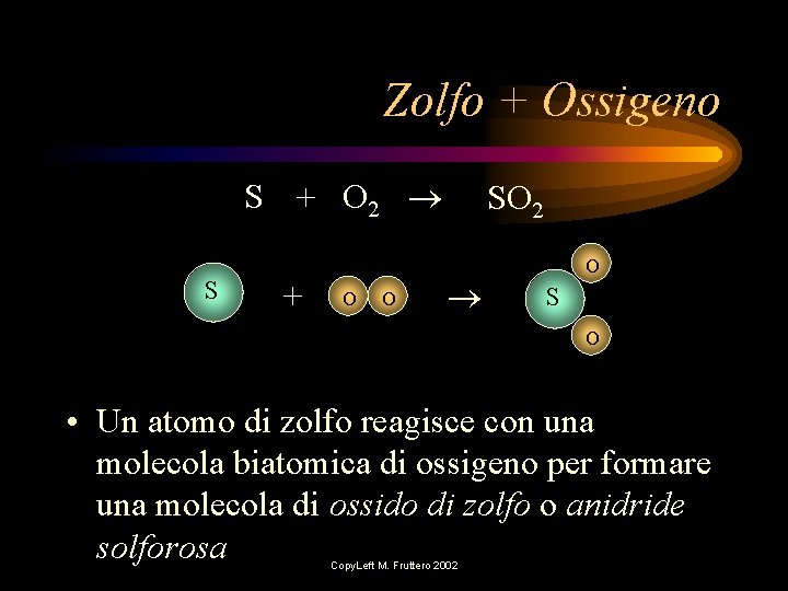 Zolfo + Ossigeno S + O 2 S + O O SO 2 O